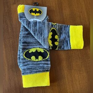 Batman Logo crew socks by Bioworld. Black & gray with yellow trim